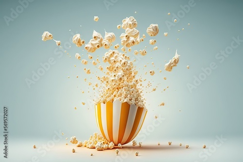  a popcorn bucket filled with popcorn flying out of it's top and spilling out of it's sides into the air, with a blue background. Generative AI
