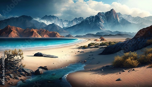  a painting of a beach with a mountain range in the background and a body of water in the foreground, and a rocky shoreline in the foreground. Generative AI