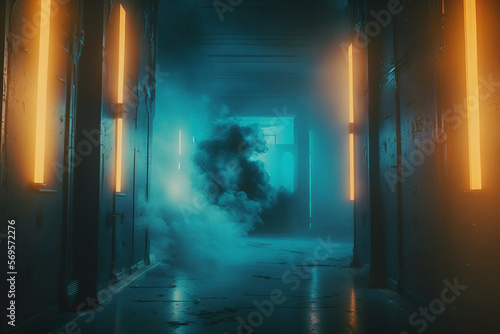 Futuristic Science fiction scene sci-fi with neon lights and smoke background created with a generative ai technology