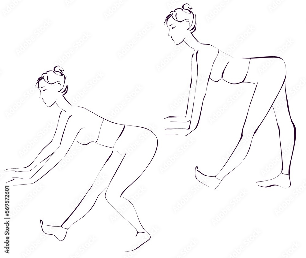 Sports illustration on the white background. A girl, lady, woman doing stretching exercises. 