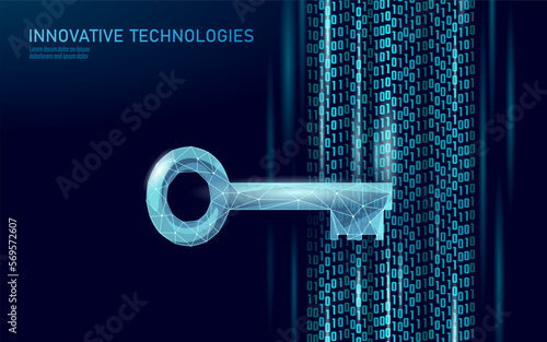 Cyber safety key on data mass. Internet security lock information privacy low poly polygonal future innovation technology network business concept blue vector illustration