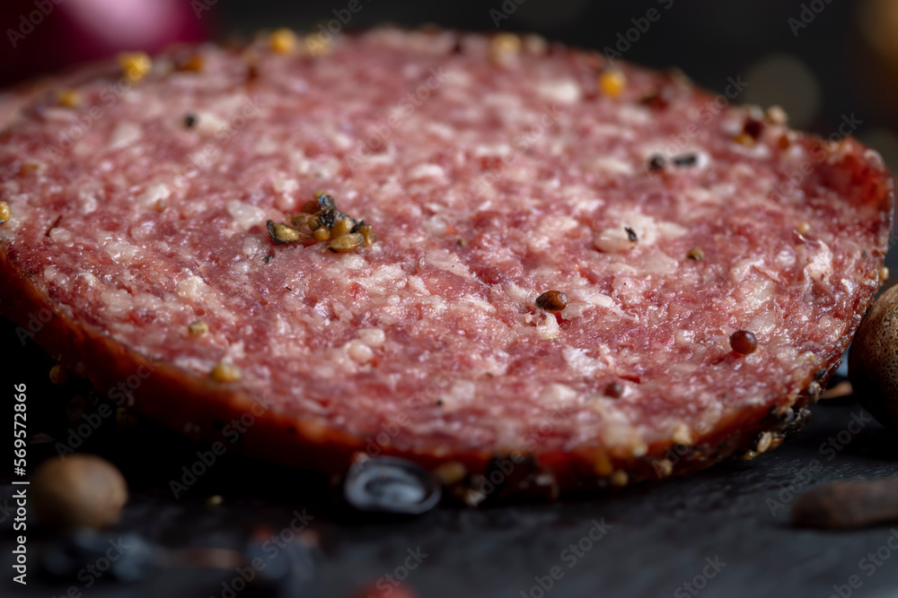 Sliced salami using beef meat with spices Sliced salami using beef meat with spices