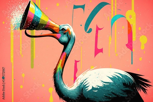 a flamingo with a megaphone in its beak and a spray paint effect on the background of the image is a pink wall with a spray paint splath. Generative AI