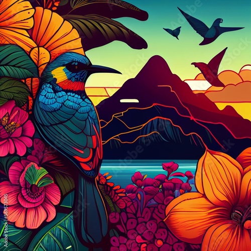 Colorful bird on the branch with flowers  mountain  and birds in the background  Hawaii  fantasy illustration  AI-generated