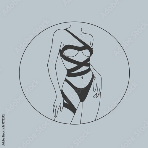 Girl naked body posing in circle outline. Erotic body border. Nude sexy girl. Minimalist line art female figure on blue background