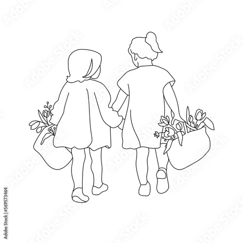 Little girls silhouette outline isolated on white background. Two little girls line art holding hands and carrying flowers. Vector illustration
