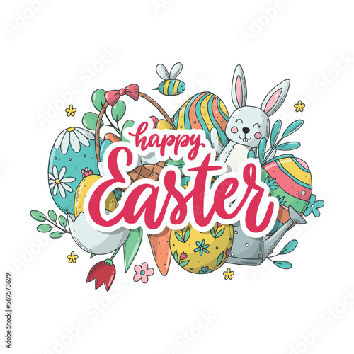 Happy Easter lettering quote decorated with doodles for posters  greeting cards  prints  sublimation  stickers  invitations  banners  etc. EPS 10