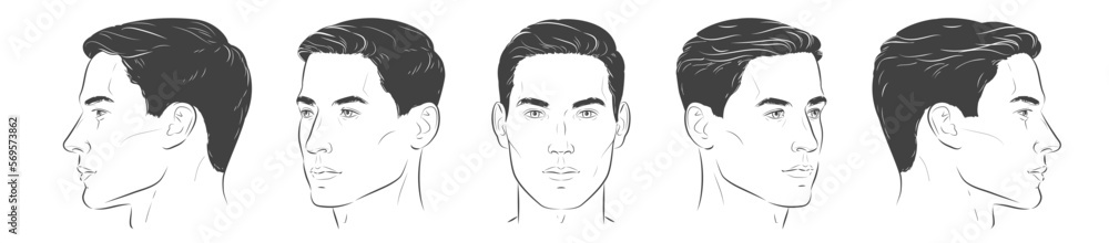 Set of man face portrait five different angle view turns of a male head. Close-up vector line sketch of boy. Front, profile, three-quarter. Vector realistic line illustration