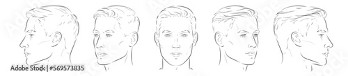 Set of man face portrait five different angle view turns of a male head. Close-up vector line sketch of boy. Front, profile, three-quarter. Vector realistic line illustration