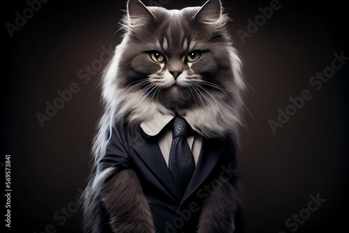Portrait of a cat in elegant business suit outfit. Serious boss concept. Digitally generated AI image.