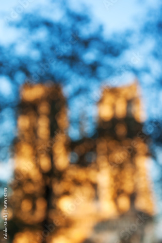 Blurry photo of Notre Dame cathedral in Paris at sunset. View through tree branches. Bokeh.