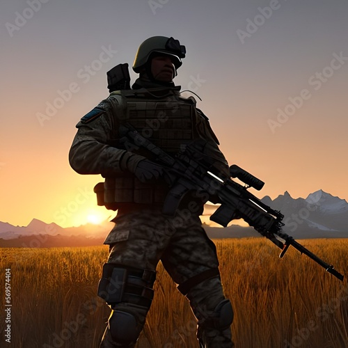 soldier with rifle with a sunset background 
