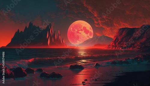  a painting of a red moon over a body of water with rocks in the foreground and mountains in the background with a red sky. Generative AI