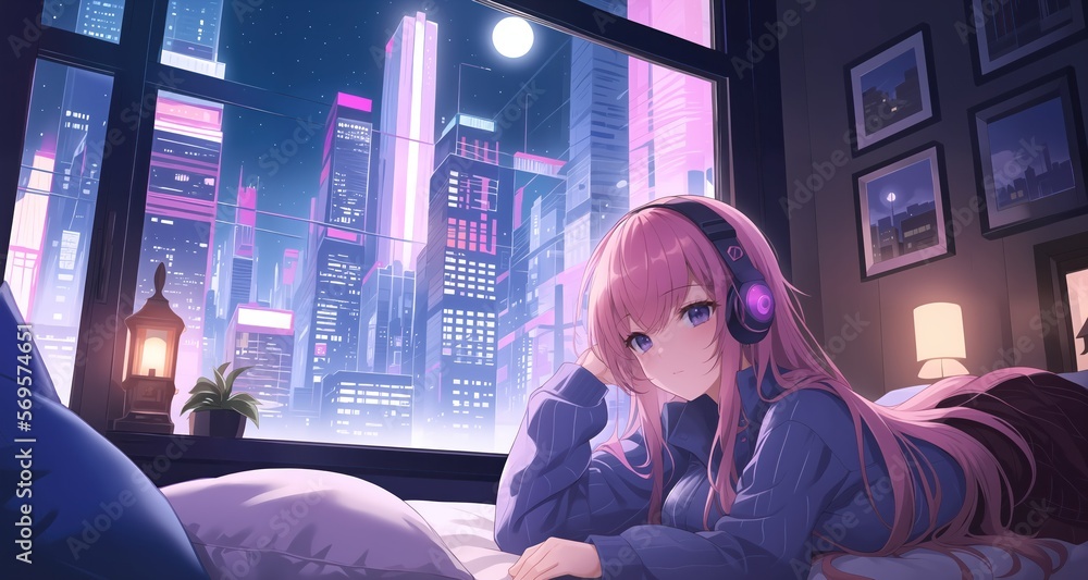 A beautiful anime Lo-fi girl chilling at night. Generative AI - obrazy, fototapety, plakaty 