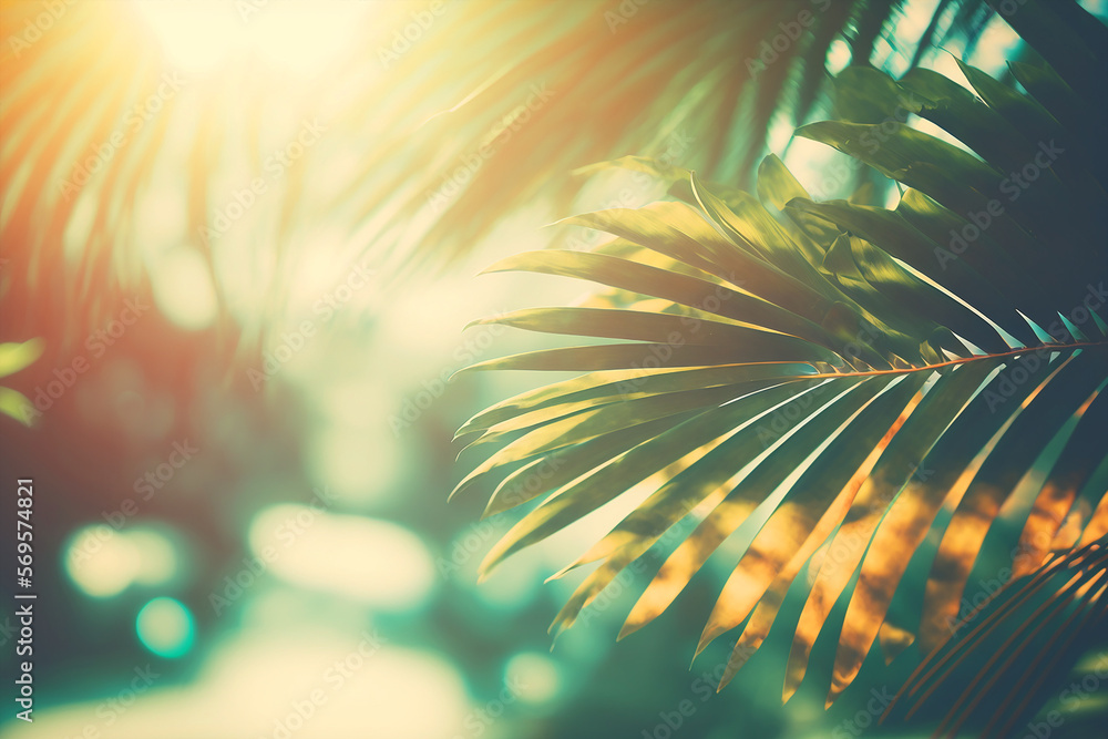 beautiful nature green palm leaf on tropical beach with bokeh sun light. Generative AI	