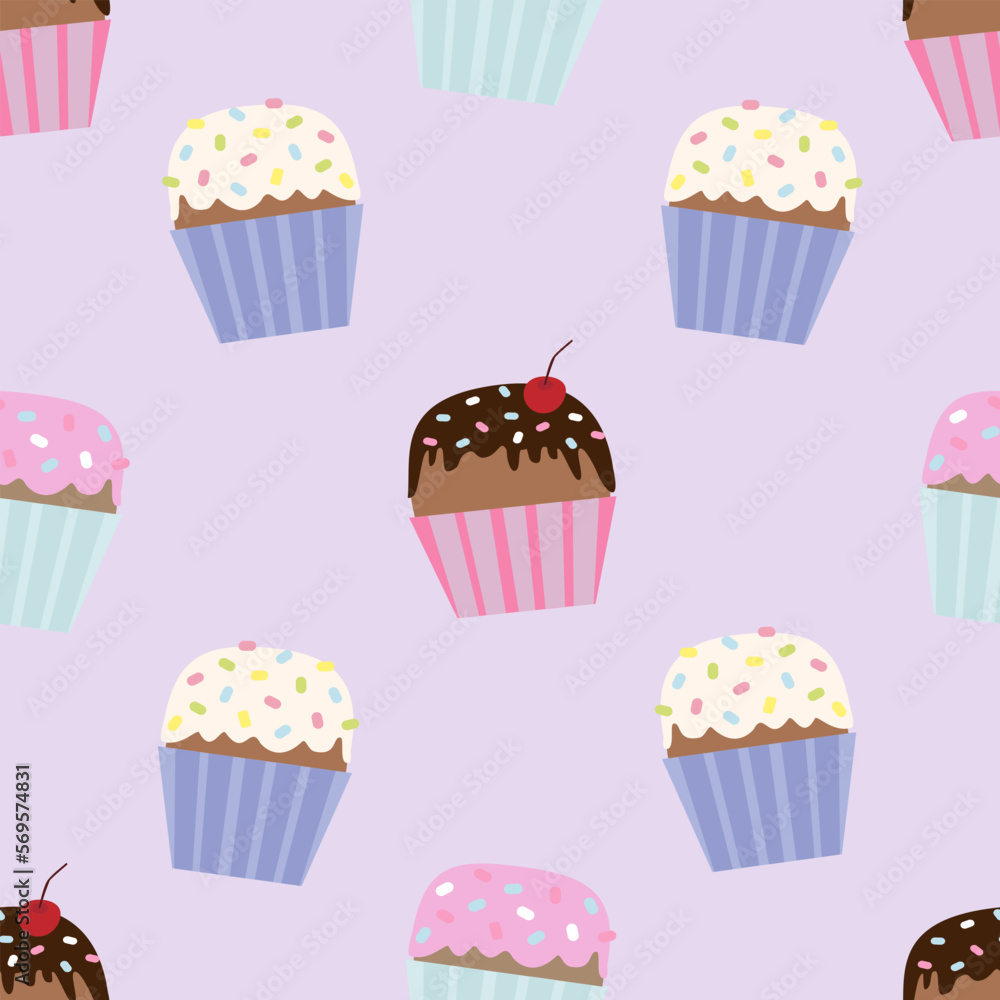 Vector seamless pattern with vanilla and sprinkles cupcakes, cupcakes with chocolate, cherries and pink cream frosting in cartoon style Vector seamless pattern with vanilla and sprinkles cupcakes, cupcakes with chocolate, cherries and pink cream frosting in cartoon style