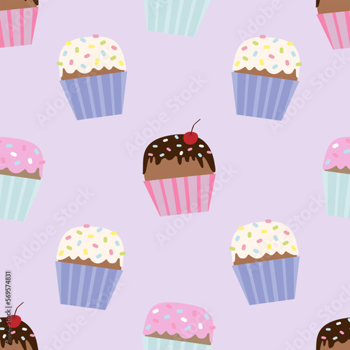 Vector seamless pattern with vanilla and sprinkles cupcakes, cupcakes with chocolate, cherries and pink cream frosting in cartoon style
