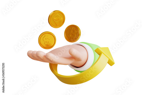 Hand holding gold coin 3d illustration