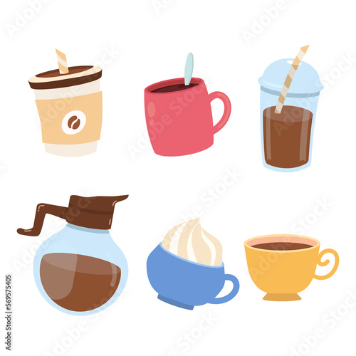 coffee set. Illustrations of various coffees and coffee mugs. cardboard cups, coffee with cream, mugs and coffee jug