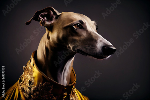 Portrait of a greyhound in elegant business suit outfit. Serious boss concept.   Digitally generated AI image.
