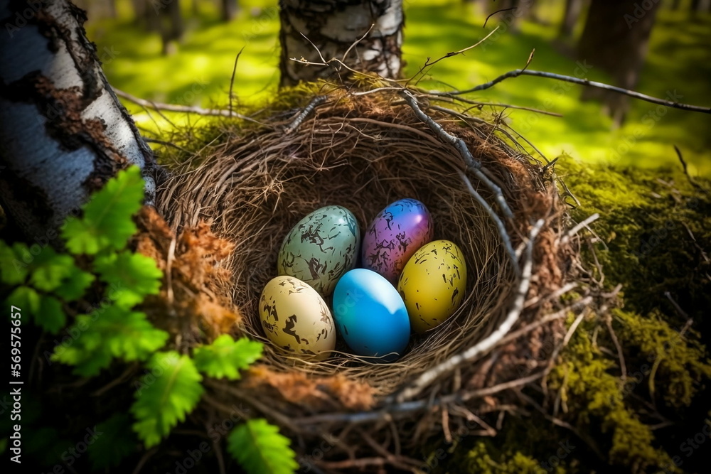 Multi-colored painted Easter eggs in a nest on a forest glade in the grass on a bright sunny day. Ai Generated. Multi-colored painted Easter eggs in a nest on a forest glade in the grass on a bright sunny day. Ai Generated.