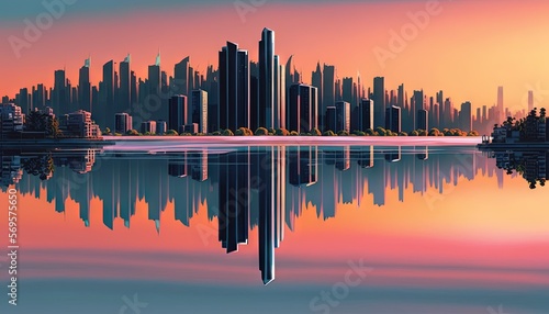  a painting of a city skyline with a lake in front of it and a sunset in the background with a reflection of the city in the water. Generative AI