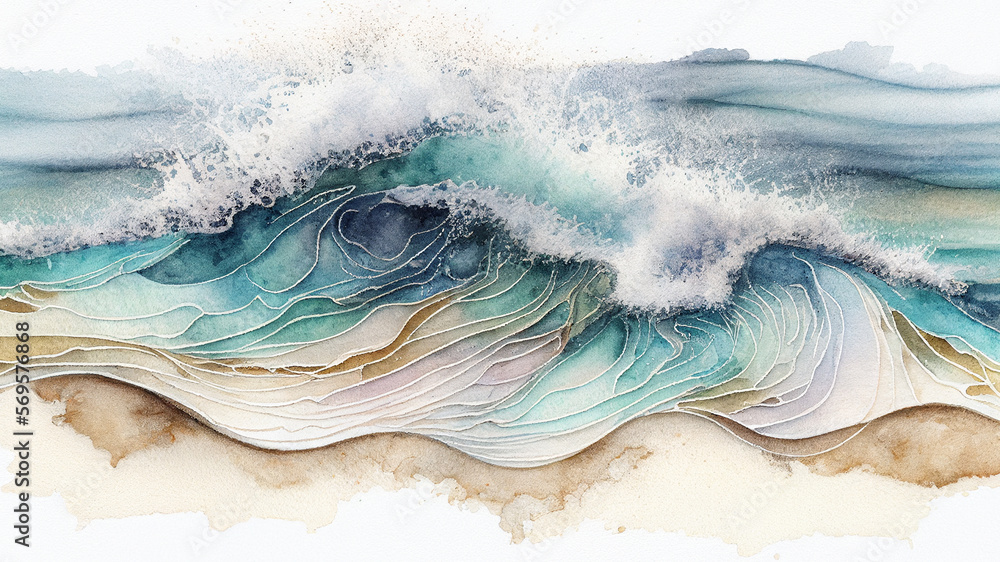 Summer background watercolor sea wave and sand Beach. Top bird eye view generative ai. - obrazy, fototapety, plakaty 