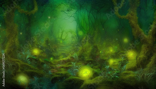  a painting of a forest with lots of green lights in the middle of the forest, and lots of moss growing on the ground, all around the trees. Generative AI