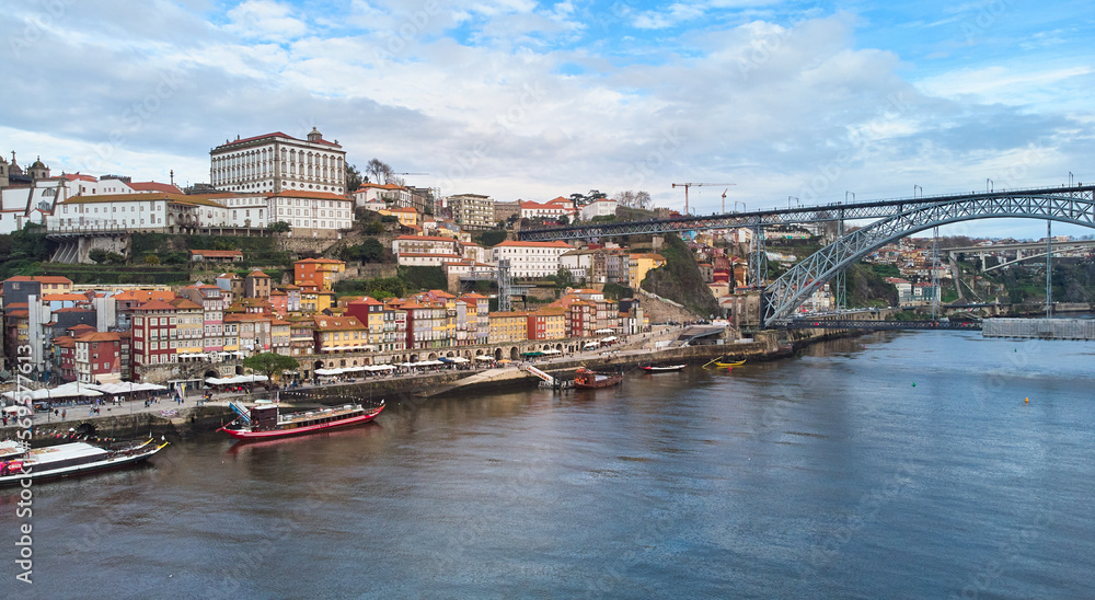 Aerial view of the old city and the Don Luis bridge in Porto. High quality photo