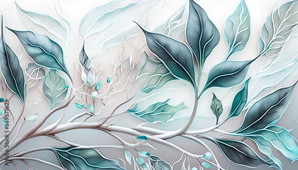  a painting of a branch with leaves on a white background with blue and green colors on it and a white background with blue and green leaves on it.  Generative AI
