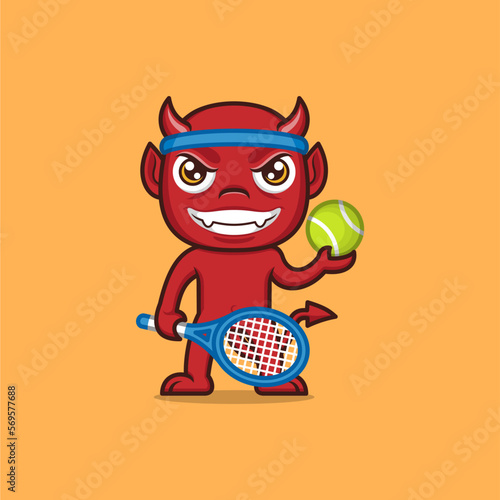 cute cartoon devil playing tennis