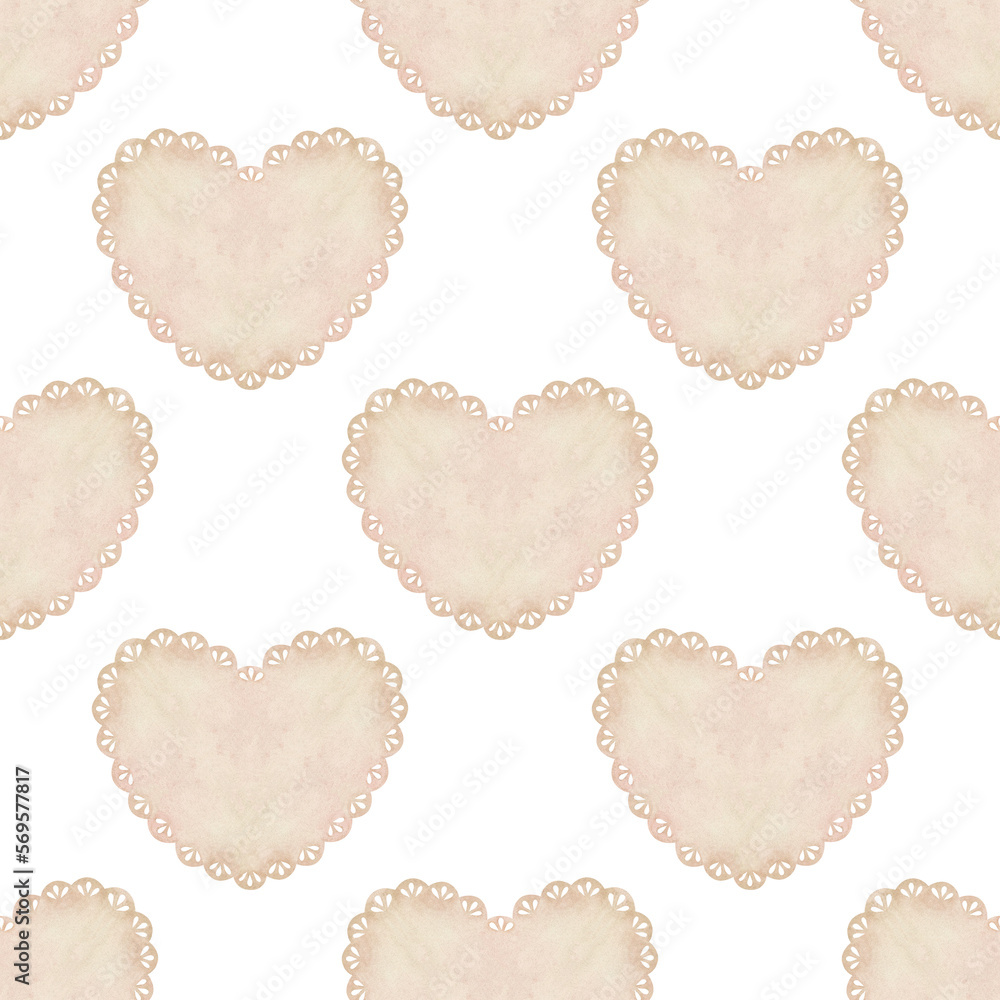 Beige lace doily in the shape of a heart seamless pattern. Watercolor illustration. Isolated on a white background. For design of wrapping paper, fabrics - obrazy, fototapety, plakaty 