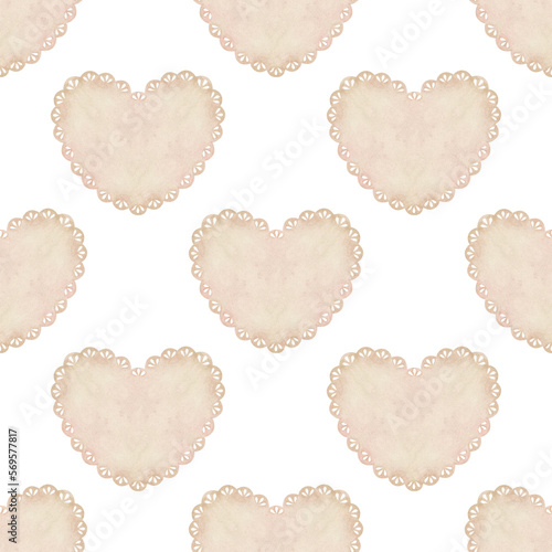 Beige lace doily in the shape of a heart seamless pattern. Watercolor illustration. Isolated on a white background. For design of wrapping paper, fabrics photo