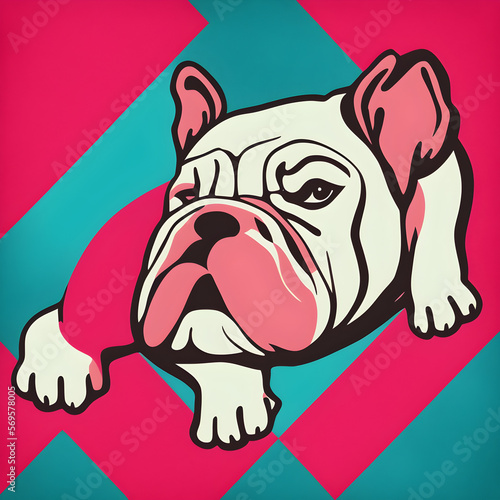 Isolated bulldog on colorful teal and viva magenta matte background illustration. T-shirt design  canvas painting  cartoon  style. Generative AI