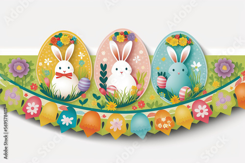 Colourful drawing easter banner with bunnies, rabbit, eggs and flowers, Easter, created with Generative AI