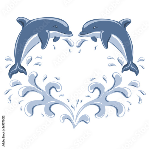 Heart shaped frame with jumping dolphins and water drops. Vector illustration