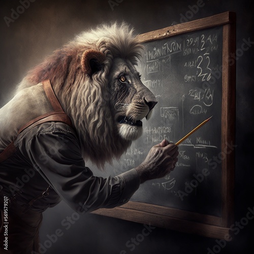  lion teacher a writing on the blackboard school mane chalk  in clothes lesson they rang the bell wildanimal predator new king with a pointing stick  Generative AI  photo