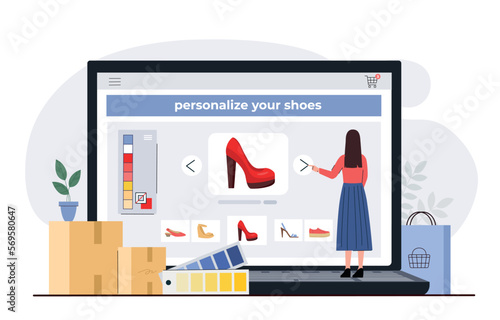 Shoes personalization concept. Young girl chooses color of shoes on website of online store, shopping. Accessory and element of clothing. Fashion, trend and style. Cartoon flat vector illustration