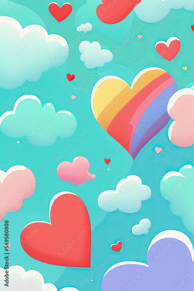 Watercolor hand painted pattern. Background with hearts in warm pastel colors. Vertical background or wallpapers. Wedding, St. Valentine's day or kids concept. Generative AI