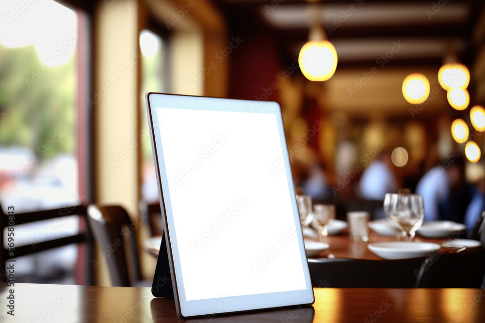 Tablet computer with blank screen cut out on blurred street cafe background. Copy space. Generative AI Tablet computer with blank screen cut out on blurred street cafe background. Copy space. Generative AI