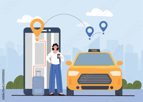 Call taxi concept. Woman with smartphone orders transport. Travel and tourism. Young girl tracking car. Modern technologies and digital world. Navigation and GPS. Cartoon flat vector illustration