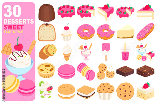 Desserts Sweet Food Flat Icon illustration Element Set 30 Item