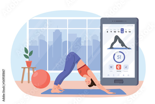 Personalized workout plan concept. Young girl doing yoga with smart phone application. Active lifestyle and sports, stretching and fitness. Training at home. Cartoon flat vector illustration