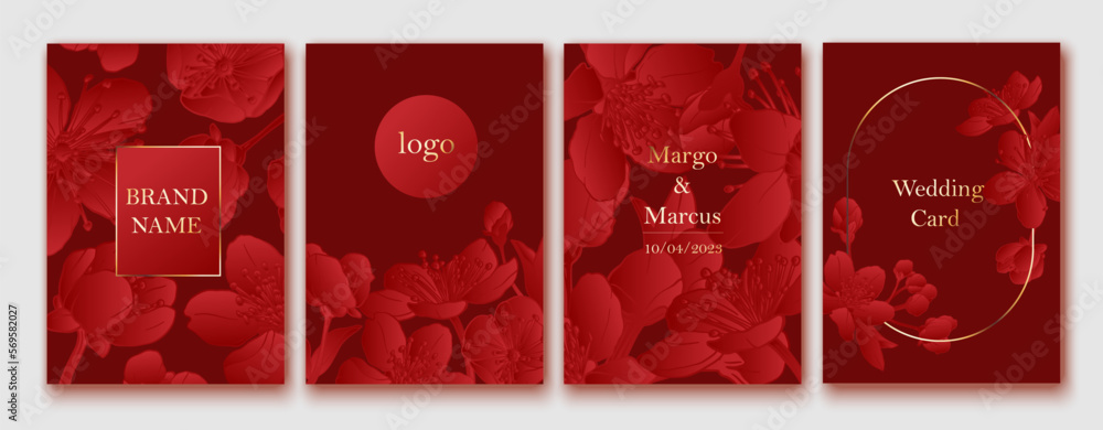 Set of spring backgrouds with sakura flowers. Cherry blossoms. Design for card, wedding invitation, cover, packaging, cosmetics. Red and golden colors. Set of spring backgrouds with sakura flowers. Cherry blossoms. Design for card, wedding invitation, cover, packaging, cosmetics. Red and golden colors.