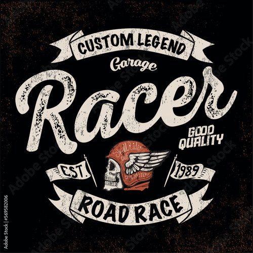 Vintage old school hand drawn styled vector label of skull in helmet. Cafe racer theme. Vector illustration.