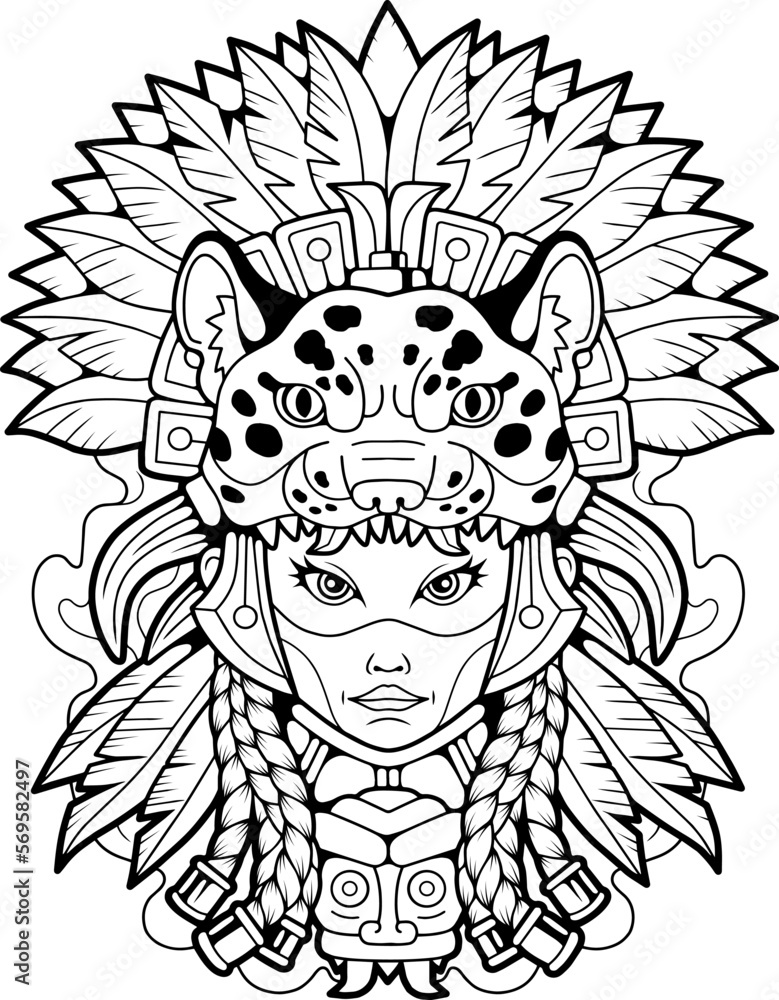 cute aztec princess, outline illustration design cute aztec princess, outline illustration design