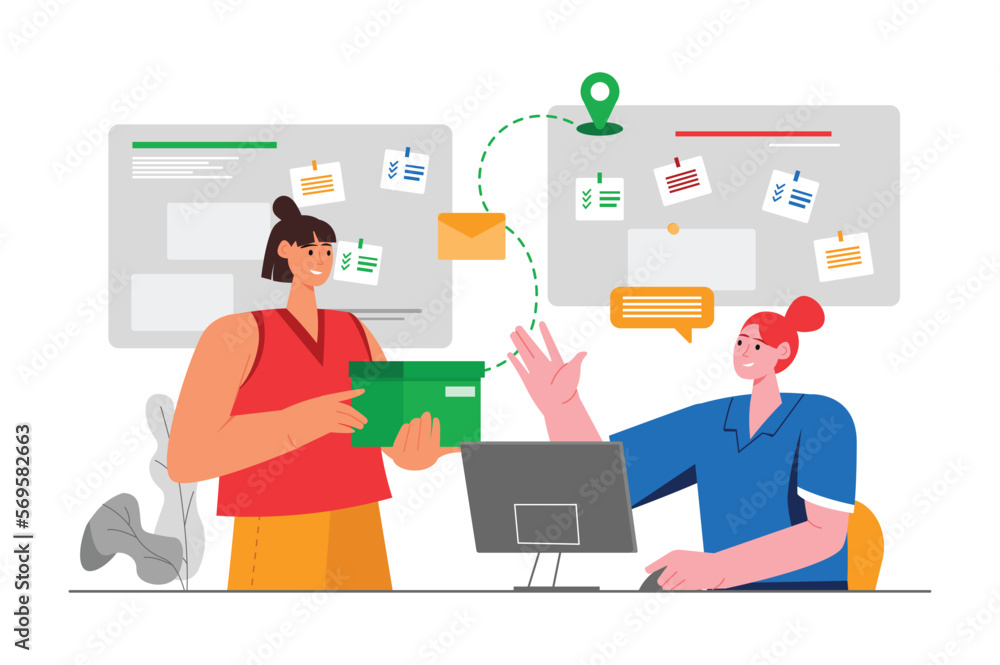 Post gray concept with people scene in the flat cartoon style. Girl brought a package to the post office to be sent to a remote part of the country. vector illustration. Post gray concept with people scene in the flat cartoon style. Girl brought a package to the post office to be sent to a remote part of the country. vector illustration.