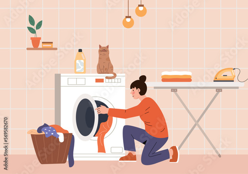 Woman in laundry with cat. Young girl washes clothes, does household chores. Routine and mistress. Poster or banner for website. Character with washing machine. Cartoon flat vector illustration