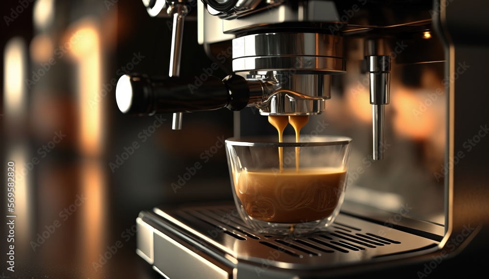 espresso machine making a cup of coffee on a counter top with a light reflecting off of the espresso machine's glass. Generative AI espresso machine making a cup of coffee on a counter top with a light reflecting off of the espresso machine's glass. Generative AI