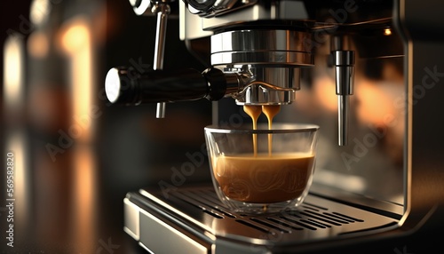  espresso machine making a cup of coffee on a counter top with a light reflecting off of the espresso machine's glass. Generative AI